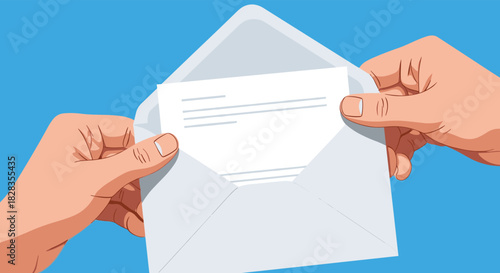 Exciting news arrives with this open letter, perfect for announcements, invitations, or important correspondence, with hands and a blue background.