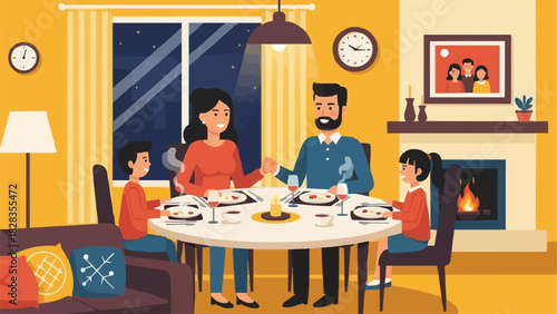 Family enjoying a cozy dinner together at home.
