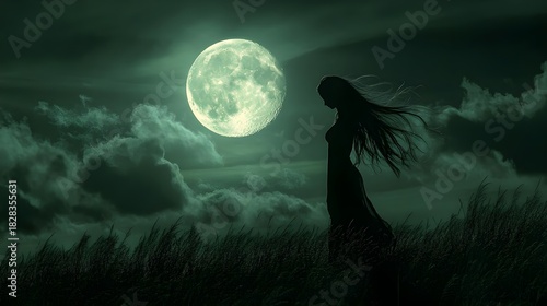 Silhouette of Woman in Wind Under Full Moon