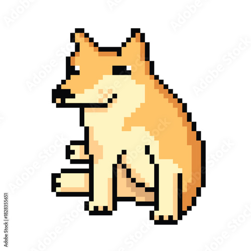 Pixel art dog illustration in a playful pose
