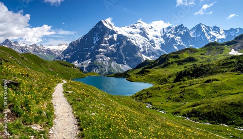 Scenic alpine landscape featuring a lake, mountains, and hiking trail