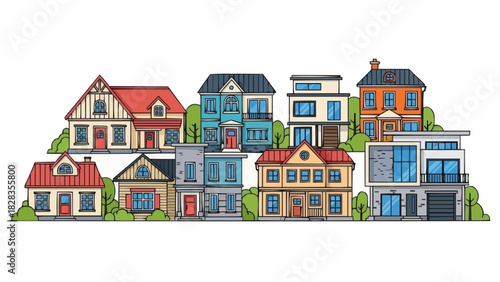 Colorful collection of cartoon houses and suburban homes illustration.