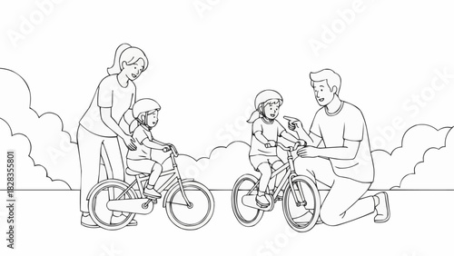 Parents teaching children to ride bicycles outdoors.