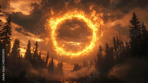 Fiery Ring in the Sky Above Misty Forest