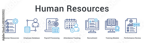 Human resources banner web icon manages employee database payroll attendance recruitment training and performance reviews.