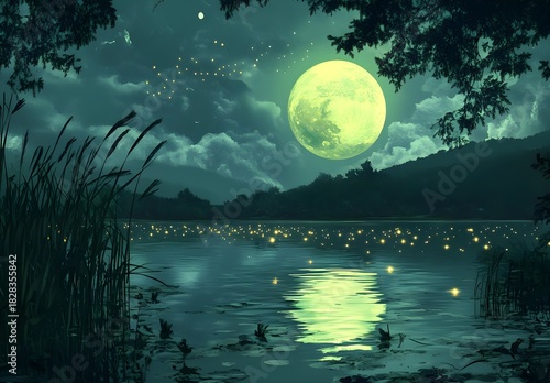 Enchanting Moonlit Lake with Fireflies