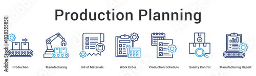 Production planning banner web icon organizes manufacturing bill of materials work orders and quality control processes.