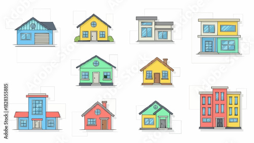 Colorful houses illustration showing different architectural styles and designs.