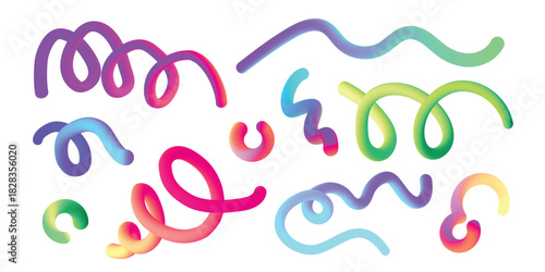 Modern pop art vector shapes featuring multicolored 3D ribbons and decorative swirls