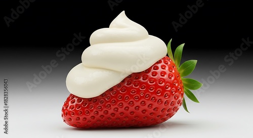 Delicious strawberry topped with fresh whipped cream against a gradient backdrop