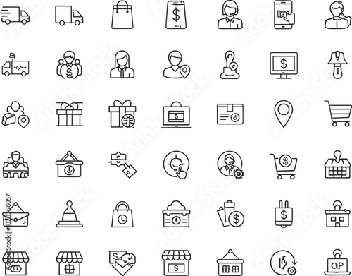 E-commerce icons, shopping symbols, delivery truck, mobile payment, customer service, storefront, gift box, laptop, cart, busines