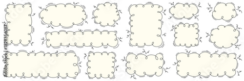 Collection of 11 handdrawn doodle text frames with decorative curly embellishments and varied shapes on a white background