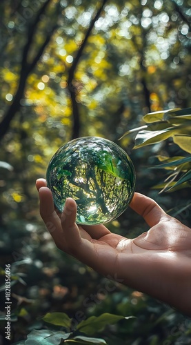 Hand Holding Glass Ball Reflecting Forest