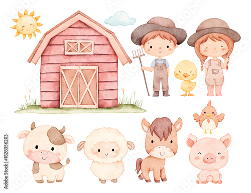 Watercolor Illustration set of Cute Farm Animals