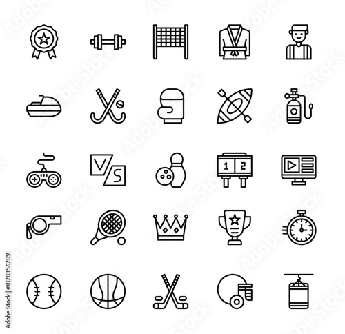 Sports, Gaming, and Competition Line Icon Set. Collection of Fitness, Equipment, and Award Outline Symbols.