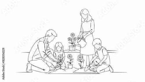 Family bonding over gardening activity, planting flowers together.