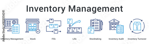 Inventory management banner web icon showing stock control methods including FIFO, LIFO, and audit processes.