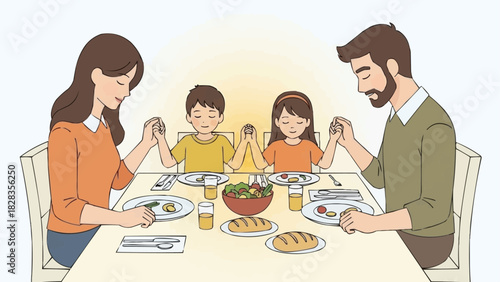 Christian family holding hands and praying together before a meal.