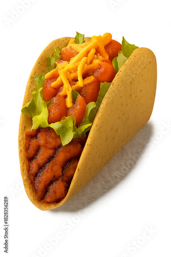 Delicious Chicken Taco With Lettuce, Tomato, Cheese and Soft Tortilla Shell on White Background