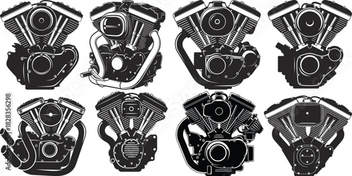 Motorcycle engine silhouettes collection automotive parts vector illustration
