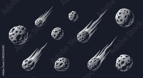 Dramatic asteroids and meteorites hurtling through deep space, perfect for sci-fi concepts or cosmic event visuals with a realistic look and feel