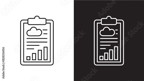 Weather report clipboard icon minimalist line art vector illustration for business presentation isolated on white and black background