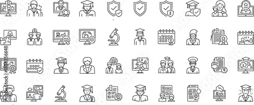 Education icons, online learning, academic achievement, video call, graduation cap, certificate, teacher, student, calendar