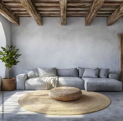 Modern Minimalist Living Room Interior with Neutral Tones and Natural Textures