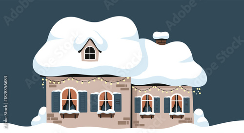 Charming snow-covered cottage with holiday lights, perfect for winter greetings and cozy Christmas scenes in storybooks and festive designs