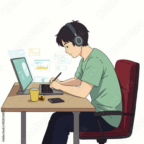 This illustration depicts a concentrated young person wearing headphones, actively engaged in digital design and data analysis using a laptop and drawing tablet.