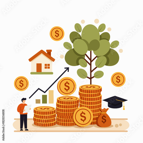 This illustration showcases strategic financial planning and investment growth, depicting savings for future aspirations like homeownership and education.