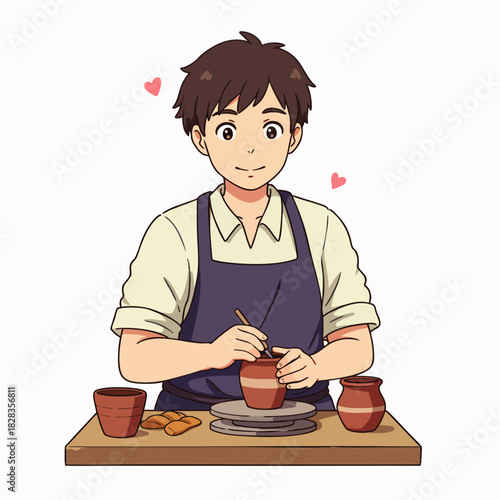 A cheerful young man with dark hair and an apron meticulously crafts a ceramic pot on a pottery wheel, expressing artistic passion and dedication.