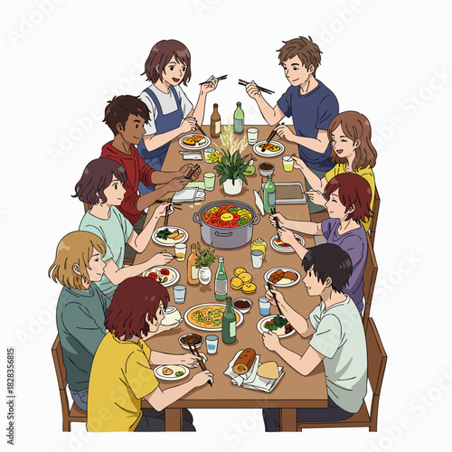 A diverse group of friends enjoys a delightful communal dinner, sharing food and drinks around a long table in a heartwarming social gathering.