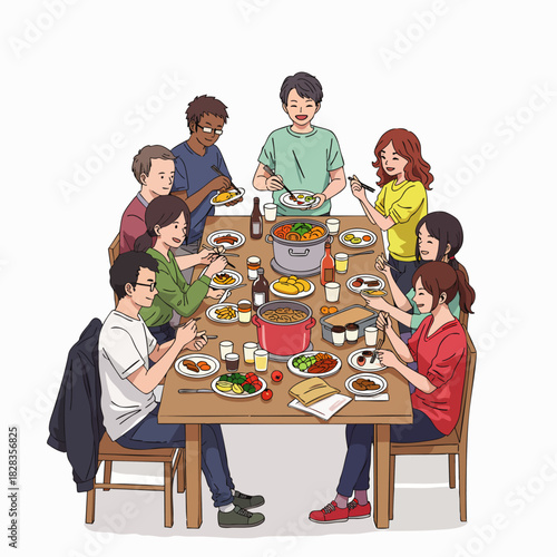 A joyful diverse group of friends and family gather around a table, sharing a delicious meal and enjoying vibrant conversation.