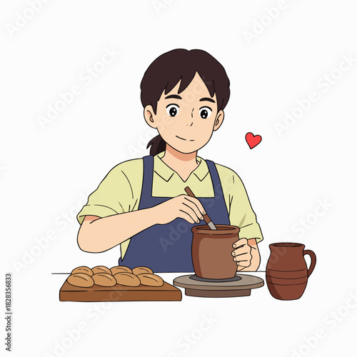 A skilled artisan meticulously shapes clay on a pottery wheel, surrounded by the comforting aroma of freshly baked bread, embodying creative passion and domestic tranquility.