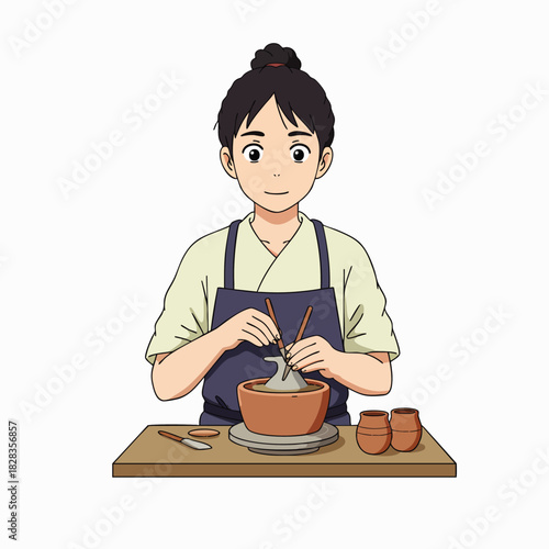 An animated young woman skillfully crafts pottery on a spinning wheel, embodying traditional artistry and creative hobbies.
