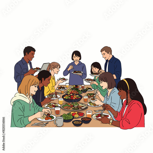 A diverse group of friends and family members enjoy a happy communal meal together, sharing food and conversation around a festive table.