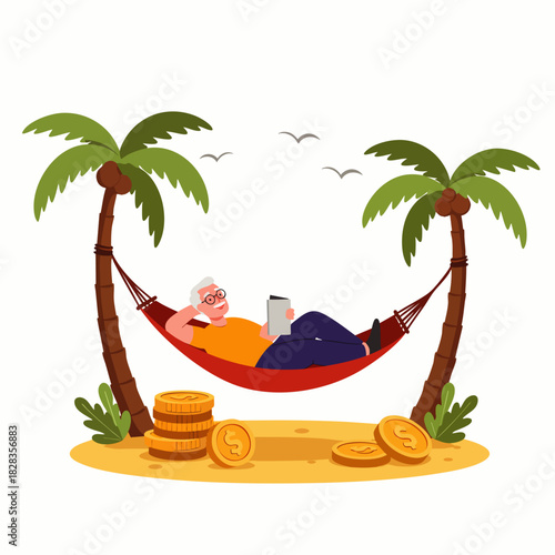 An elderly man enjoys a peaceful, luxurious retirement, relaxing in a vibrant red hammock between two tropical palm trees on a sunny beach with golden coins.