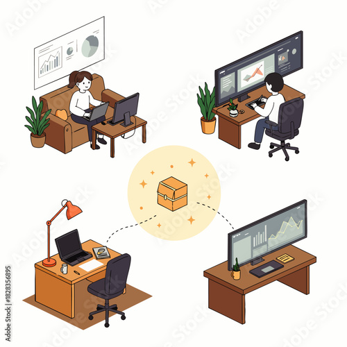 Diverse individuals work remotely from various home office setups, illustrating digital collaboration, distributed teams, and flexible employment models.