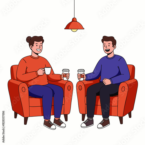 Two friends enjoying a casual coffee break and conversation in comfortable armchairs, illustrating modern social interaction and relaxation.