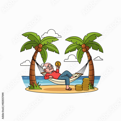 A cheerful elderly man relaxes in a hammock on a tropical island beach, enjoying his well-deserved retirement and symbolizing financial freedom.