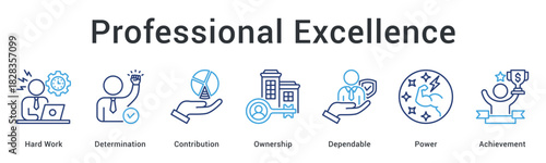 Professional excellence banner web icon showcasing hard work and determination with ownership leading to powerful achievements.