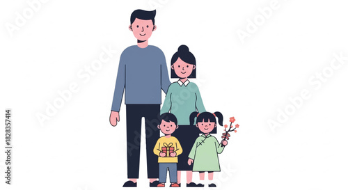 Happy Asian family portrait illustration with mother, father, son, and daughter standing together on a white background