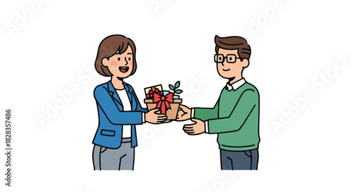 Business gift exchange and corporate appreciation shown through a potted plant