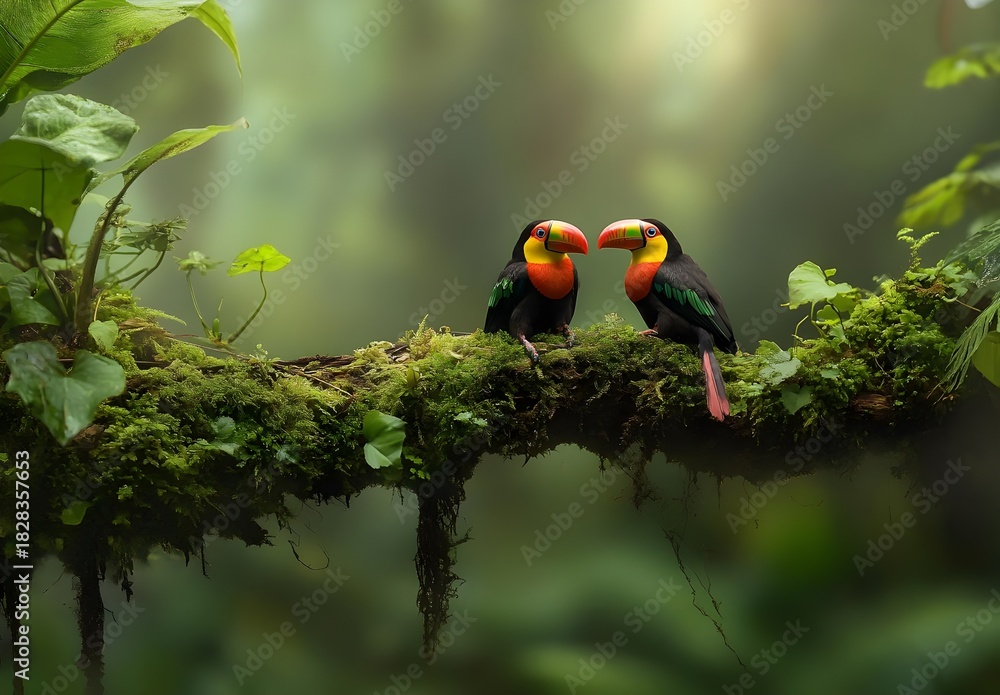 Fototapeta premium Two Collared Aracaris Perched on Mossy Branch in Rainforest