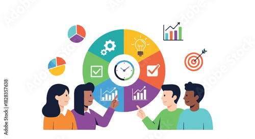 Business Team Collaborating on Project Strategy with Pie Charts and Gears Graphic