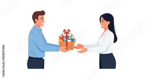 Smiling man presenting a beautifully arranged gift basket to a happy woman, illustrating appreciation, recognition, and thoughtful generosity