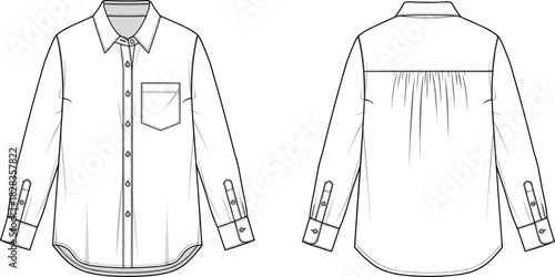 Button-down shirt technical drawing, front and back views, fashion flat sketch, men's / women's casual wear, classic, versatile, smart casual, vector, illustration, garment, blueprint, modern.