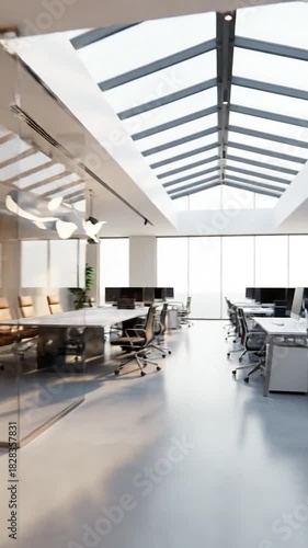 Modern office interior with desk, monitor, conference table, pendant lights, and decorative plant