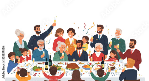 Festive Family Gathering Illustration of Generations Celebrating with Food and Cheer